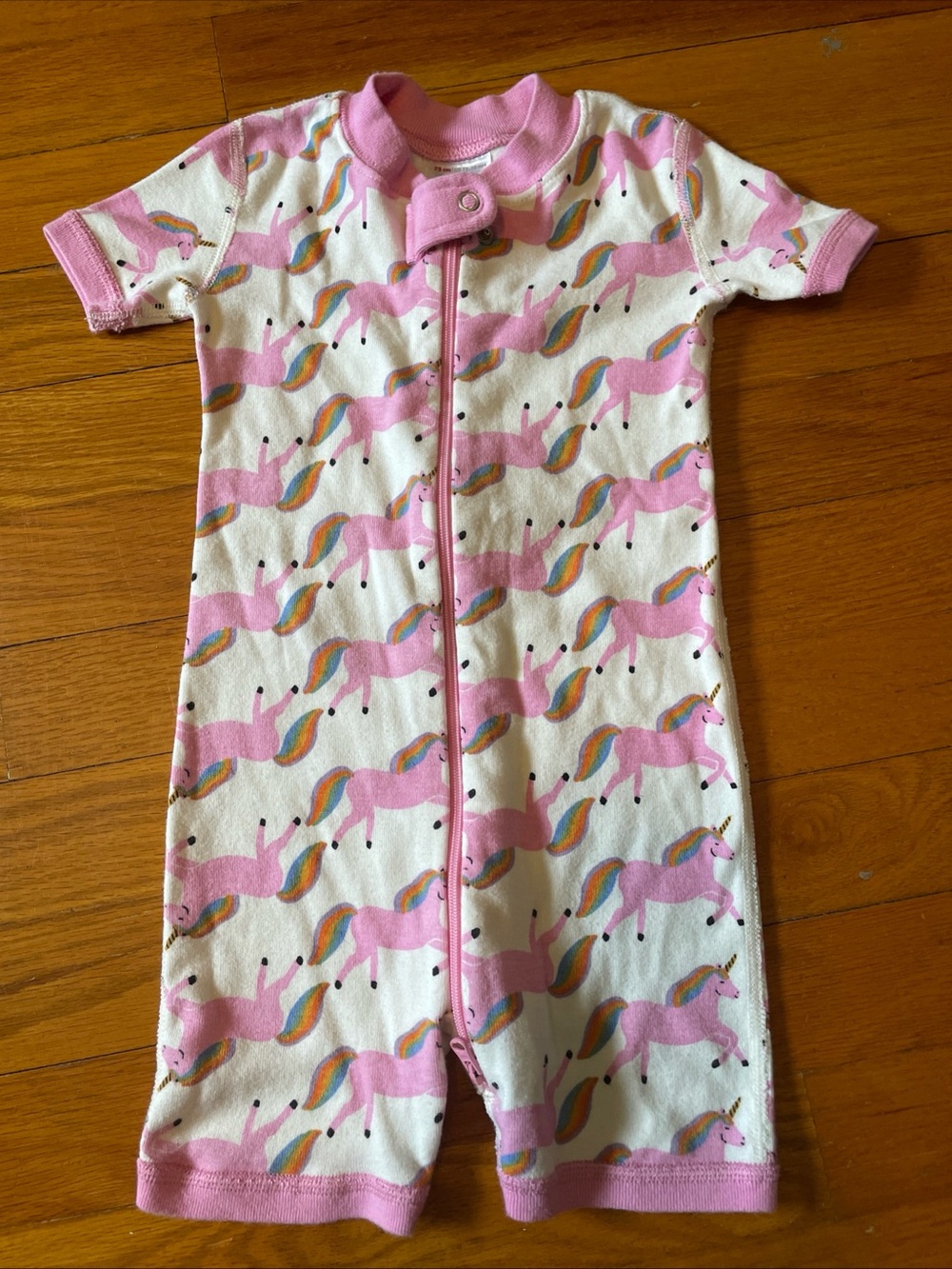 Hanna Andersson 12-18M Pink Unicorn Short-Sleeve Pajama Romper Zip Up Organic